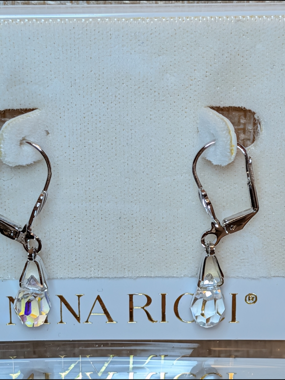 Nina Ricci Silver Iridescent Teardrop Dangle Earrings New